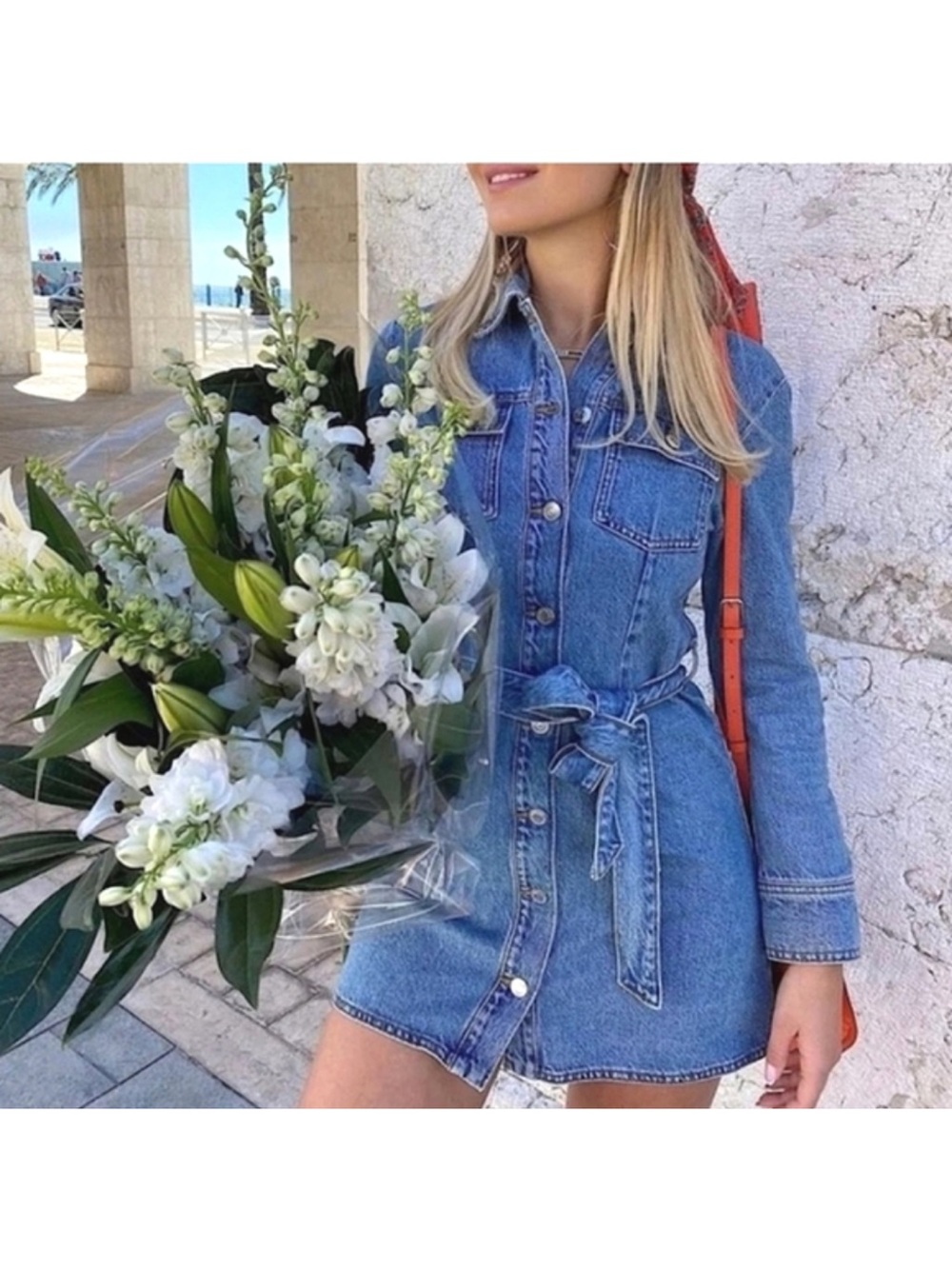 Zara Blue Denim Long-Sleeve Button-Front Tie-Waist Dress